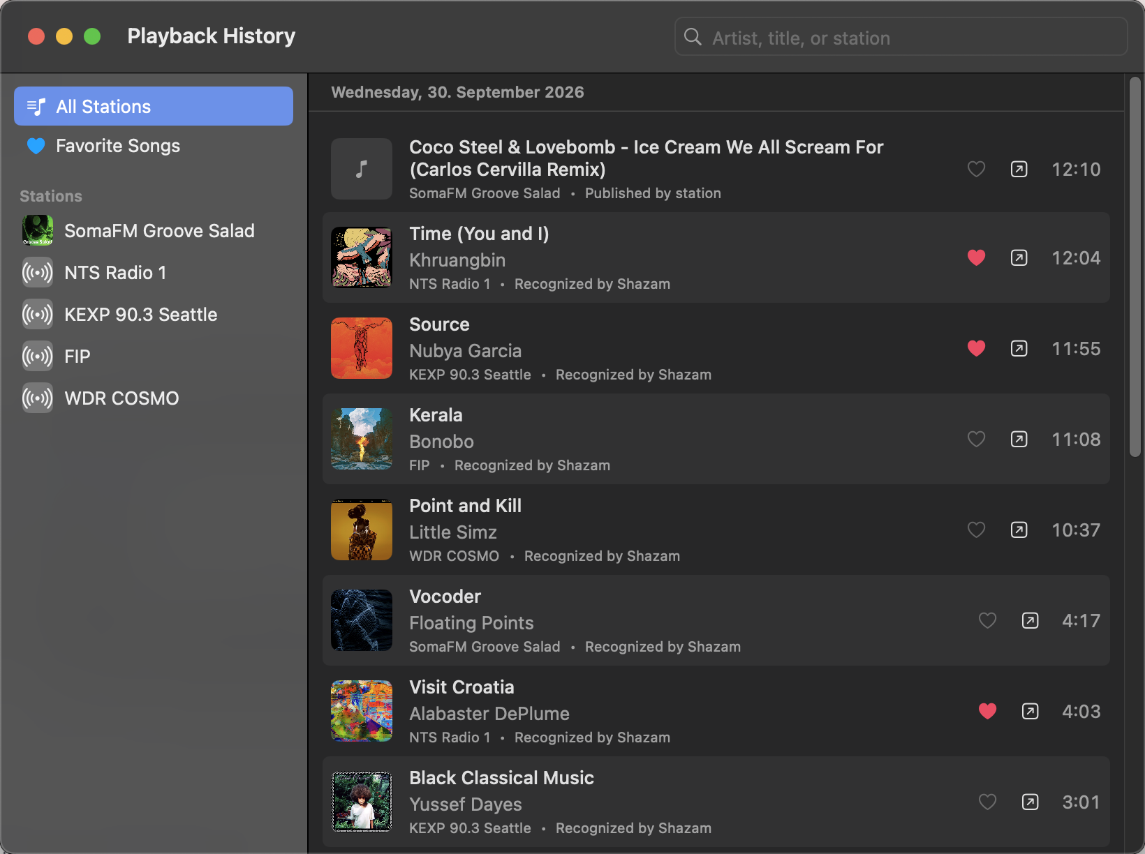 The Playback History window, listing songs played on five stations, each with artwork, artist and the time it played.